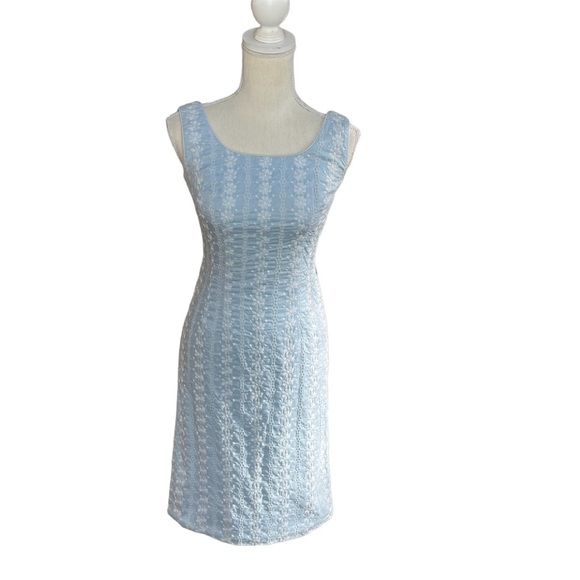 Vintage Dresses & Skirts - Vintage baby blue white eyelet and embroidered floral Helen Whiting dress